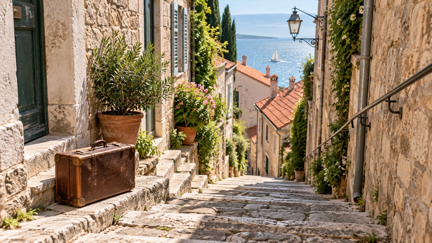 A steep Piran staircase with a suitcase